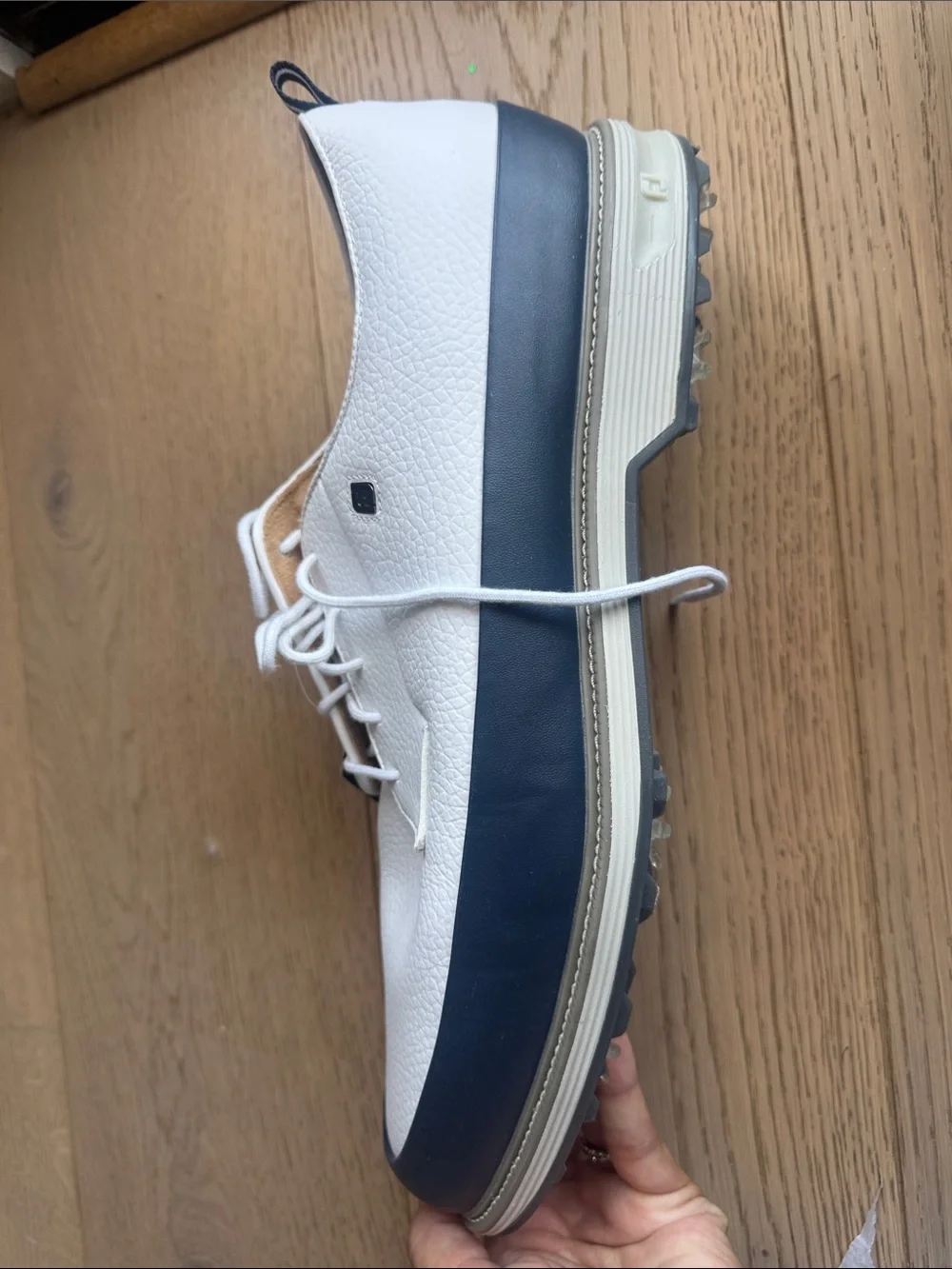 Golf Shoe —— FootJoy White Leather Derby with Navy-Trim Sole